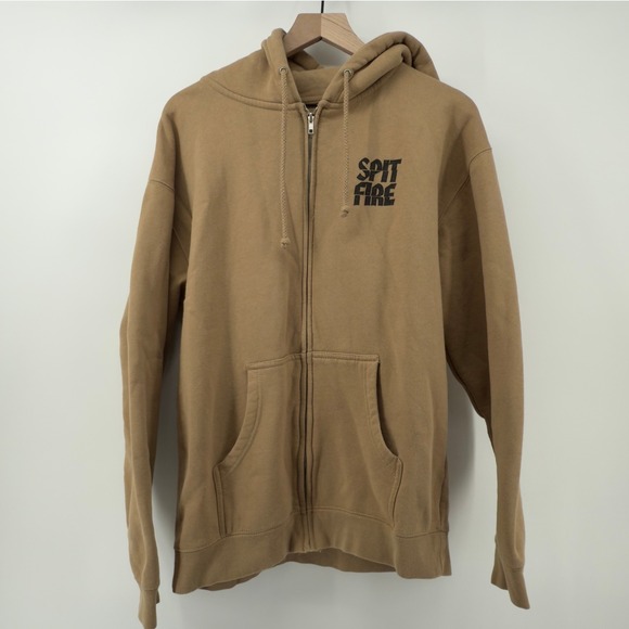Spitfire Full Zip Hoodie Jacket Tan Men L Skateboarding Flame Pockets Y2K Grunge - Picture 1 of 9